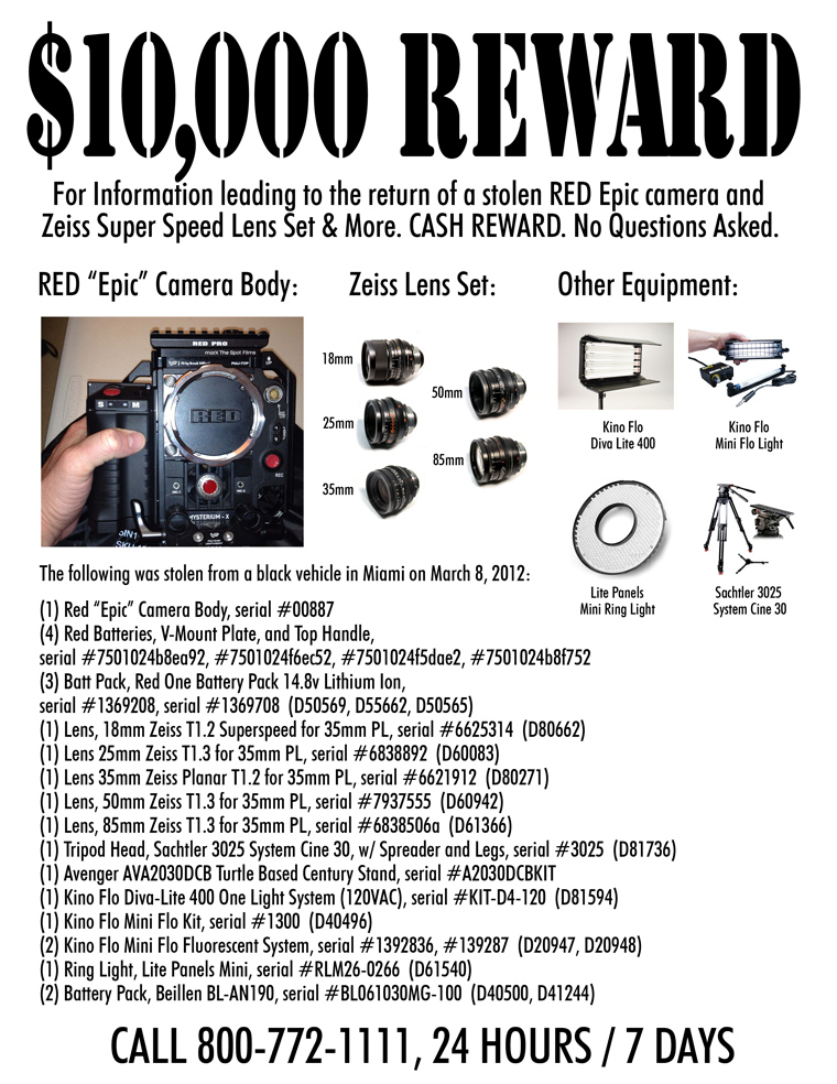 RED Epic camera and Zeiss lenses missing March 2012, Miami, FL